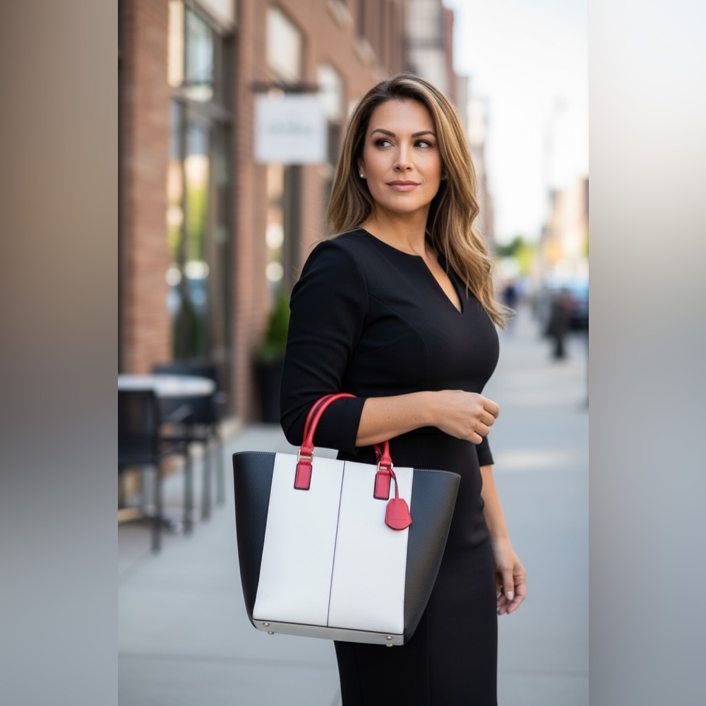 BCBGeneration Black and White Tote with Red Handles